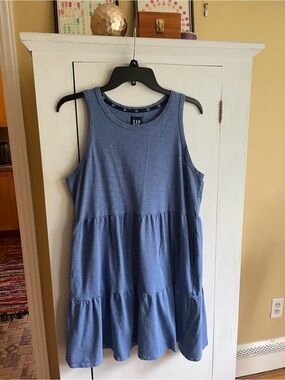 Gap Sleeveless Tank Swing Dress Tiered Blue Pockets Size Large